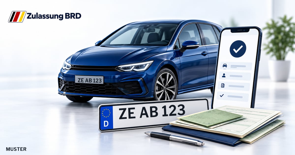 Online Fahrzeugzulassung in Südliches Anhalt: Musterkennzeichen ZE AB 123, Auto und Fahrzeugpapiere und Smartphone. Illustration mit Logo von Zulassung BRD.